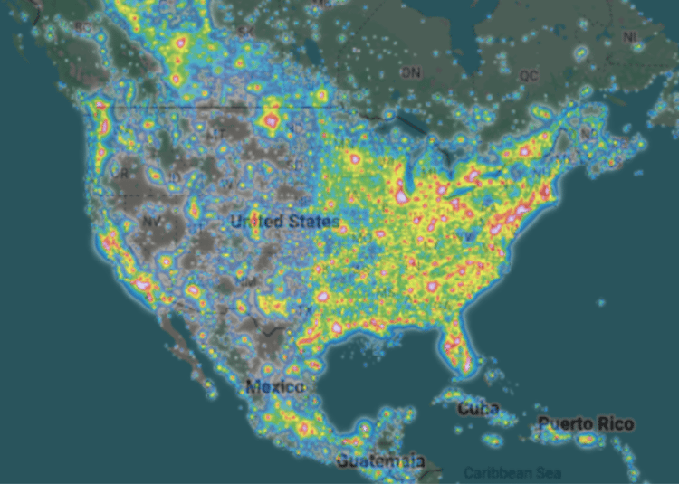 Light Pollution Map of Continental USA